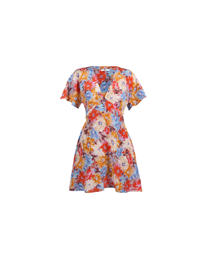 LUCY SILK MINIDRESS - RENTAL BLOSSOM | The Lucy Silk Mini Dress is a V-neck mini dress in new season Lucy floral print. It features fitted bodice with short fluted sleeves. The dress has an invisible zip...