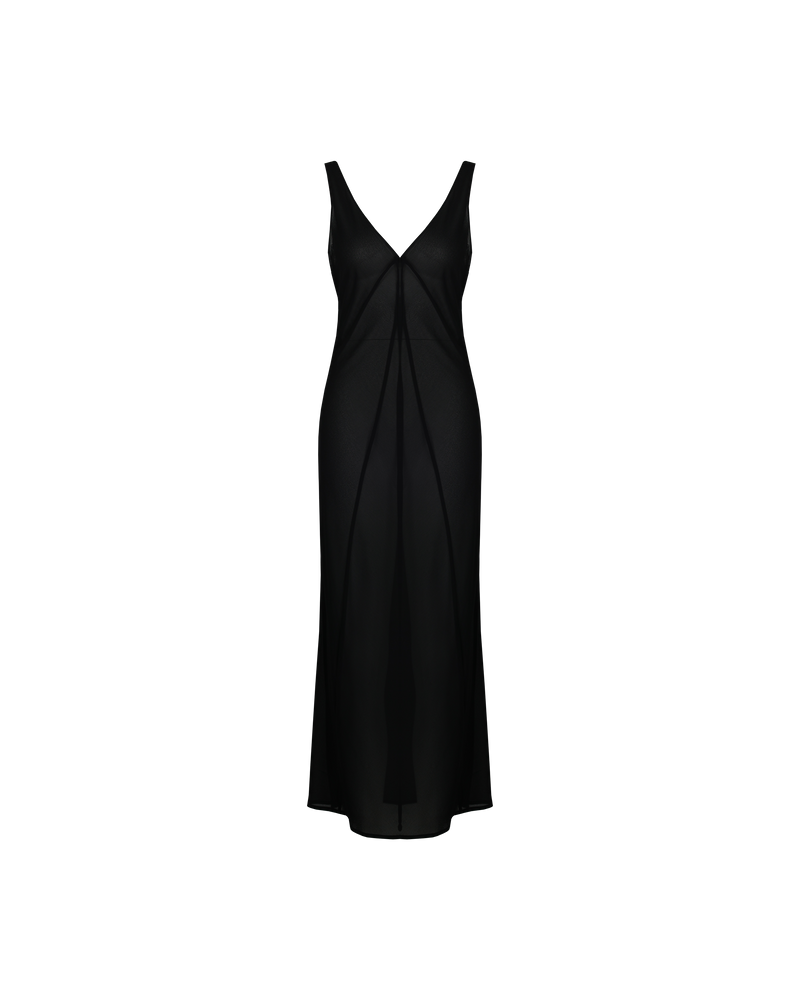 MAISIE DRESS BLACK | Sheer sleeveless midi dress designed with wide straps and french-seamed panel detaling down the body. This dress can be styled as a layering piece or on its own.