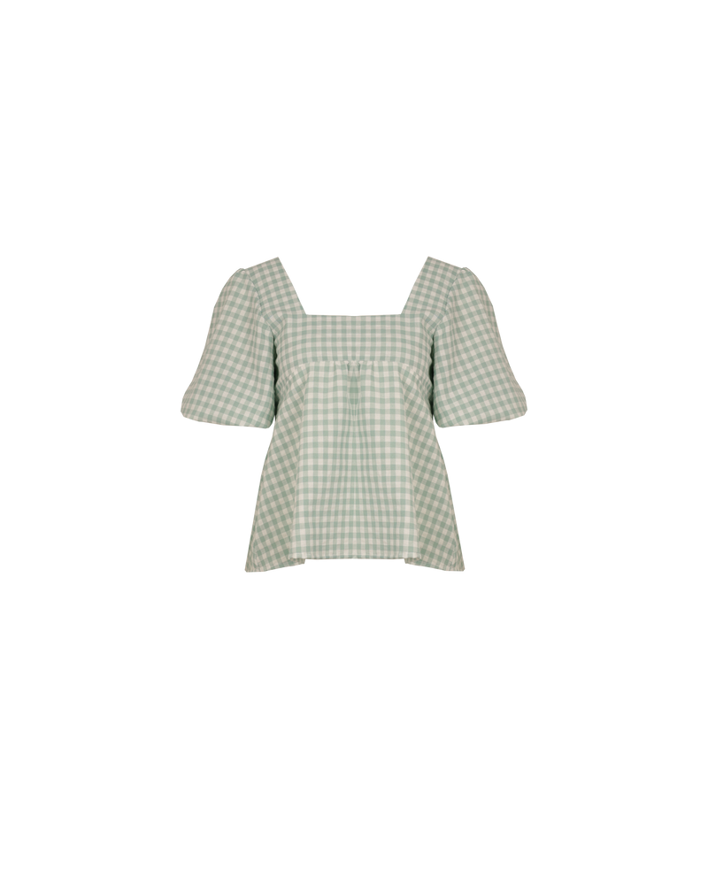 MARGIE TIE-BACK BLOUSE SAGE GINGHAM | Cotton puff sleeve top with a square band at the bust. Features a bow tie detail at the back and a cut-out, the cutest top worn with your favourite denim.