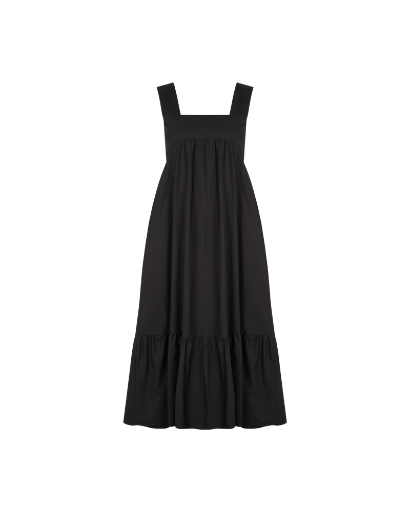 MARGIE TIE-BACK DRESS BLACK | Cotton maxi dress with a square band neckline. The skirt falls in soft tiers with an exposed back and bow tie closure.