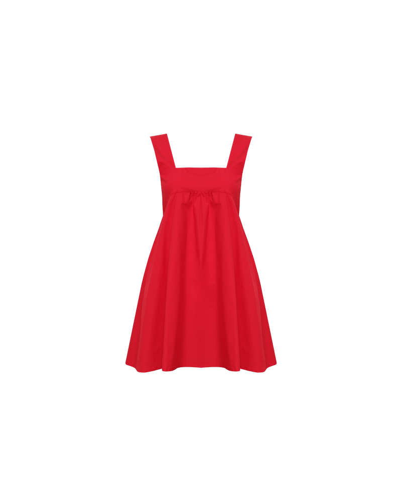 MARGIE TIE MINI DRESS CHERRY | Cotton mini dress with a square band bust. The skirt falls into an A-line shape with an exposed back and bow tie closure.