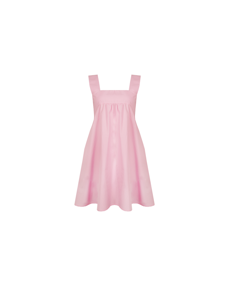 MARGIE TIE MINI DRESS PINK | Cotton mini dress with a square band bust. The skirt falls into an A-line shape with an exposed back and bow tie closure.