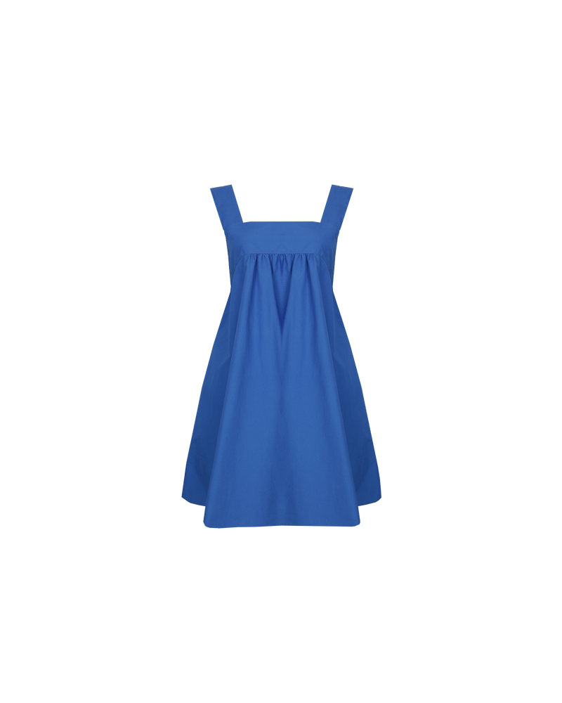 MARGIE TIE MINI DRESS COBALT | Cotton mini dress with a square band bust. The skirt falls into an A-line shape with an exposed back and bow tie closure.