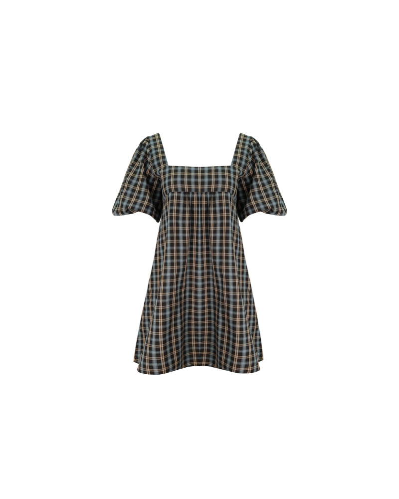 MARGIE PUFF SLEEVE MINI DRESS BLACK TARTAN | Cotton mini dress with puff sleeves and with a square band bust. The skirt falls into an A-line shape with an exposed back and bow tie closure.