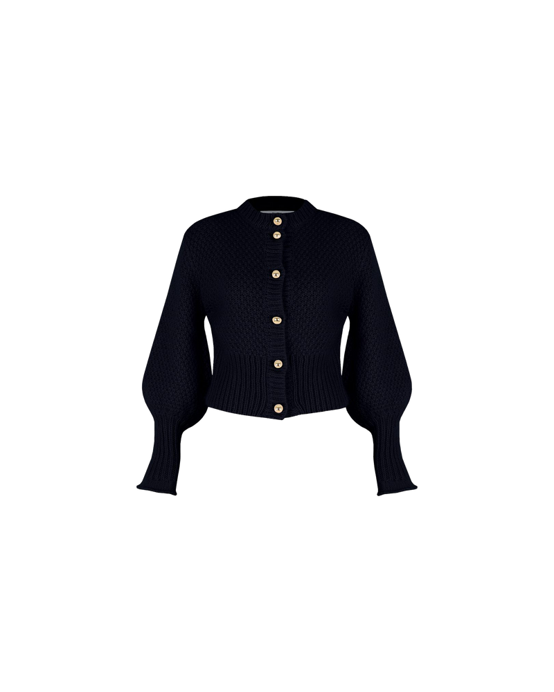 MATILDA CARDIGAN INK | Button down cardigan with gold metallic dome buttons and a slightly puff shouldered silhouette. This cardigan features an exaggerated flute cuff crafted in a chunky alpaca and wool blend.