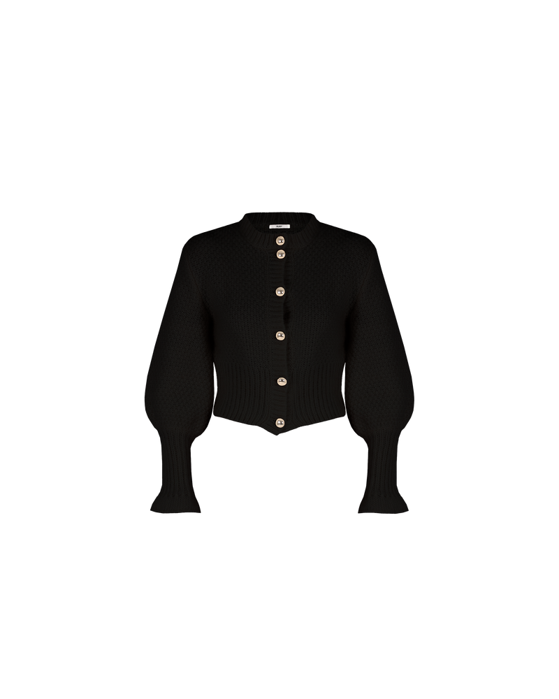 MATILDA CARDIGAN BLACK | Button-down cardigan with gold metallic dome buttons and a slightly puff-shouldered silhouette. Features an exaggerated flute cuff crafted in a chunky mohair and wool blend.