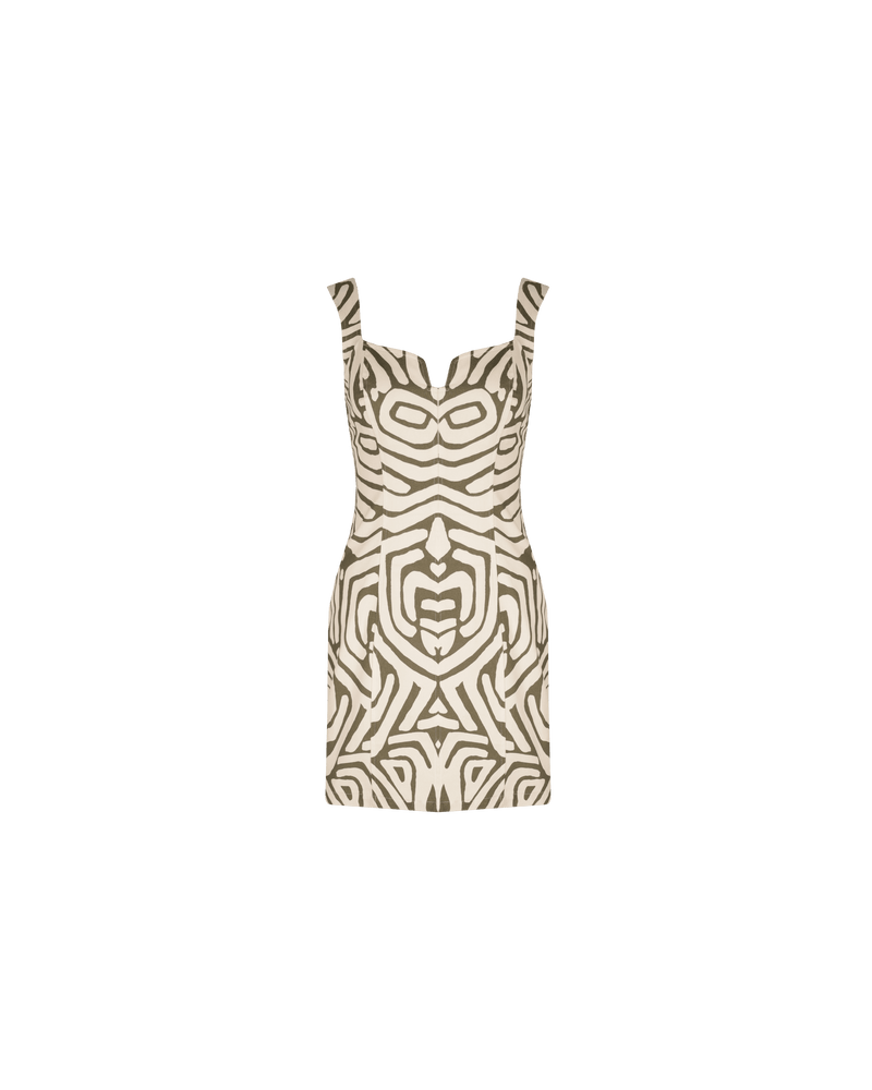 CECE MINI DRESS MAZE | Sleeveless mini dress imagined in a khaki and cream maze print on a mid-weight cotton drill fabric. Features a sweetheart neckline and paneling down the body that gives this dress...