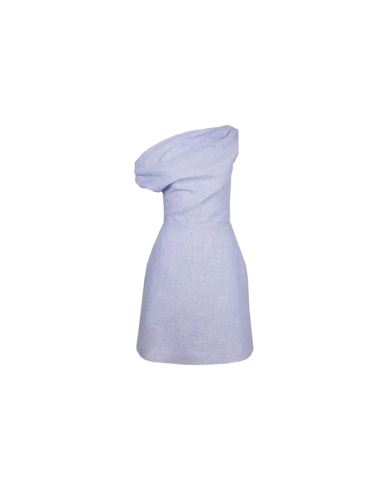 MELON LINEN MINI DRESS BLUE MARLE | One shoulder mini dress designed in a soft blue marle linen. This dress is fitted at the waist to compliment the draped one-shoulder shape, and falls to a bias cut skirt.