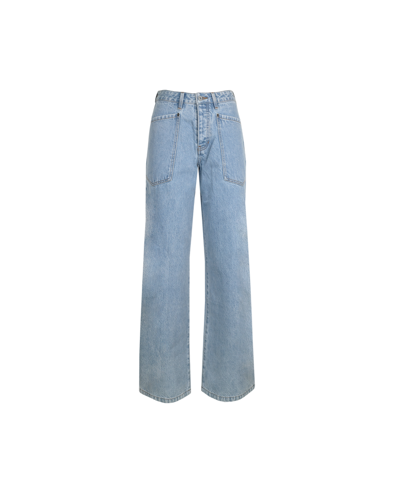 MERCI DENIM JEAN LIGHT BLUE | Mid-rise straight-fit jeans with feature front pockets, imagined designed in light blue washed denim. These jeans are designed to be worn relaxed and slightly baggy.