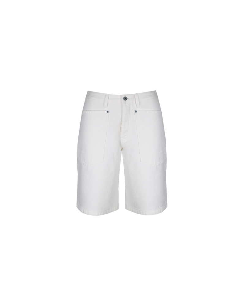 MERCI DENIM SHORT WHITE | Long-line denim short designed in a crisp white denim. These shorts have large feature pockets which add to the baggy, cargo style.