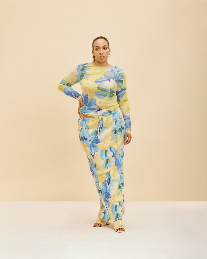 MIAMI MESH LONG SLEEVE BUTTERCUP | Form fitting stretchy mesh long sleeve in our buttercup floral print. This top is sheer, making it the perfect playful layering piece.