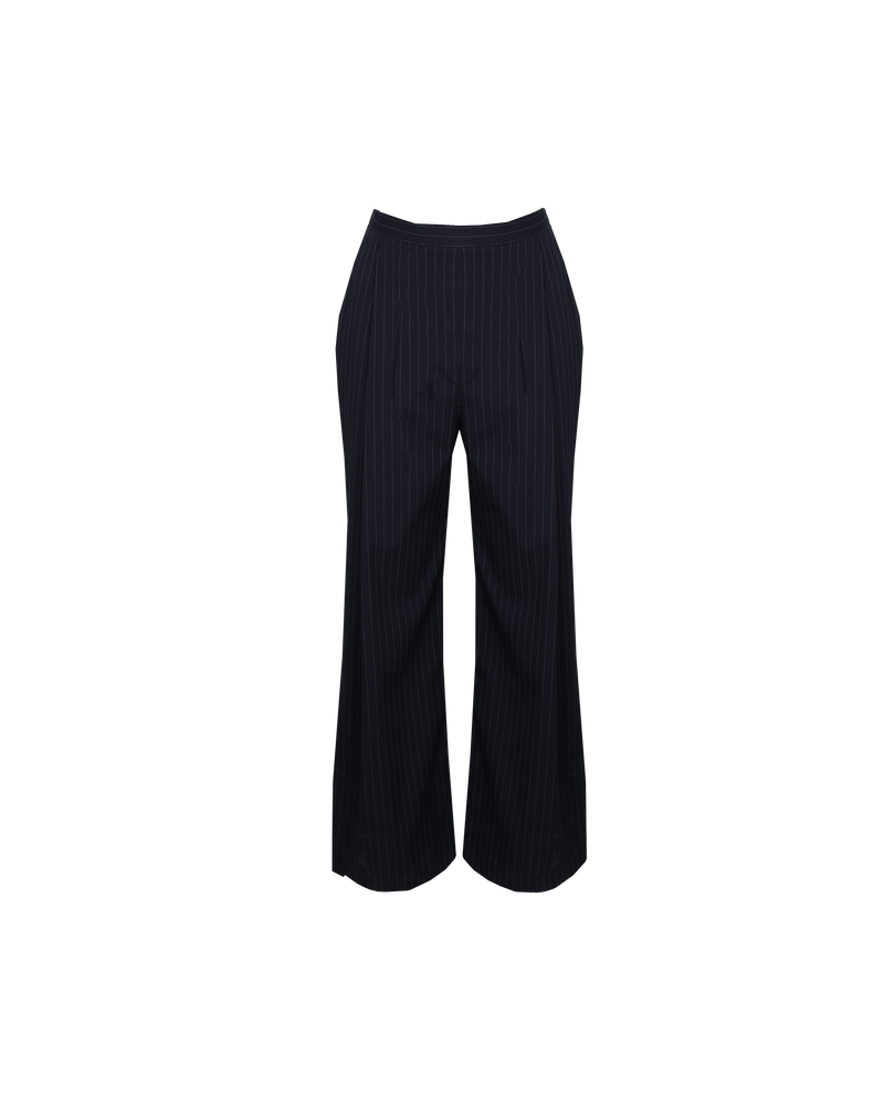 MILO TROUSER NAVY PINSTRIPE | Straight leg mid-waist trousers designed in a deep navy pinstripe fabric. Neutral colouring and straight leg shape make these trousers a trans-seasonal wardrobe staple.