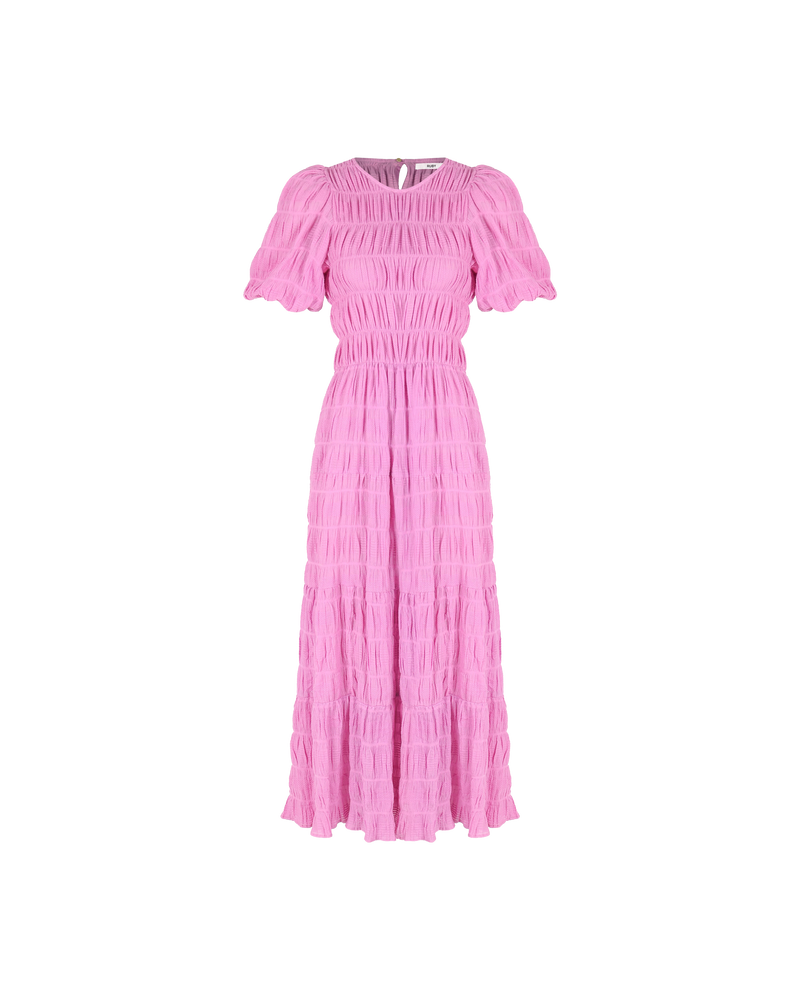 MIRELLA PRAIRIE DRESS ORCHID | A-line maxi dress that is fitted through the top and continues into a floaty skirt, with a round neckline and short elasticated puff sleeves. The voluminous sleeves make this silhouette...