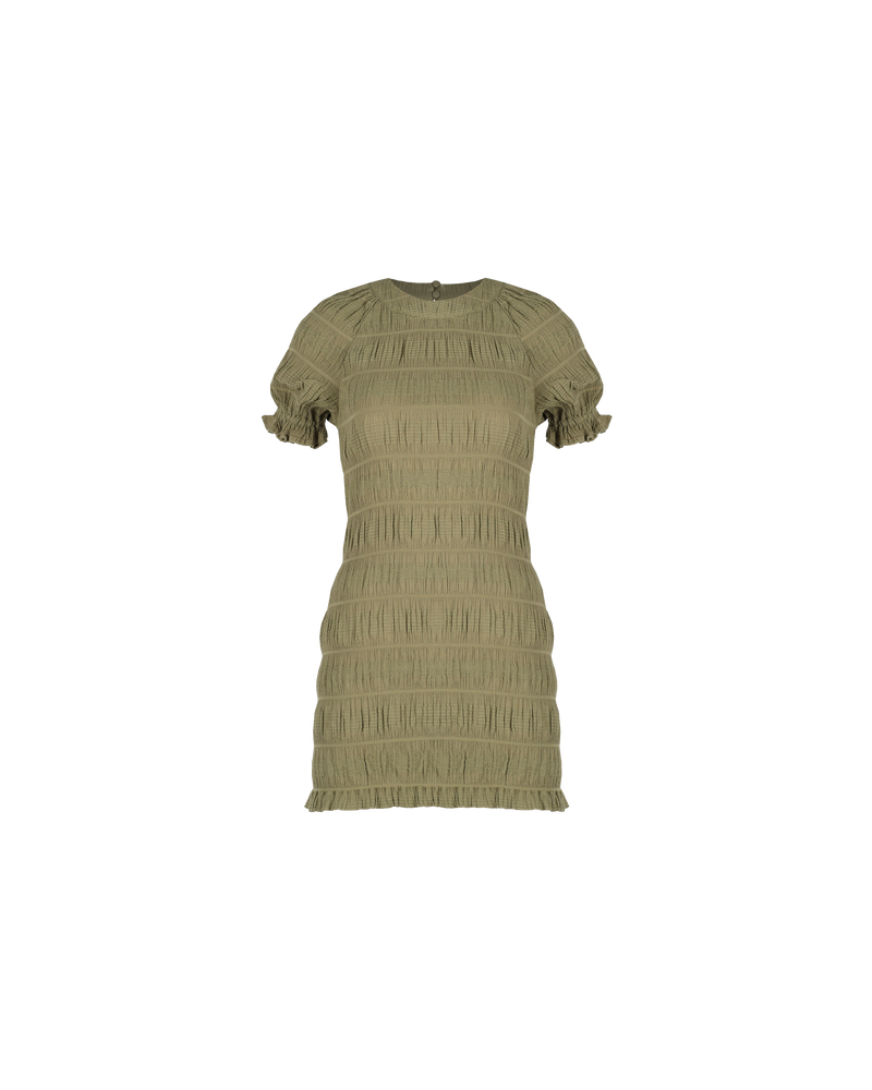 MIRELLA T-SHIRT MINIDRESS KHAKI | Fitted crewneck minidress with elasticated short puff sleeves. A mini version of our much loved Mirella T-shirt Dress, crafted in signature RUBY Mirella fabric, a delicate embroidered cotton.