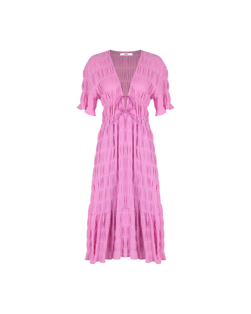 MIRELLA V-NECK DRESS ORCHID | Short sleeve midi dress with a deep V-neckline and a double drawstring waist in the signature Mirella fabric, a delicate embroidered cotton. A timeless silhouette appropriate for every occasion.