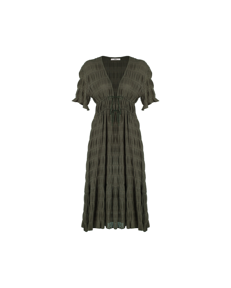 MIRELLA V-NECK DRESS OLIVE | Short sleeve midi dress with a deep V-neckline and a double drawstring waist in the signature Mirella fabric, a delicate embroidered cotton. A timeless silhouette appropriate for every occasion.
