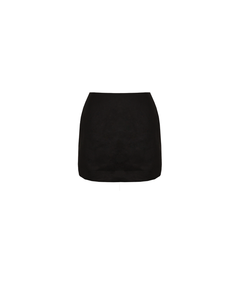 MORGAN LINEN MINI SKIRT  BLACK | A-line shape mini skirt designed in a crisp black mid-weight linen. This skirt is the perfect wardrobe staple with a tee or sweater.