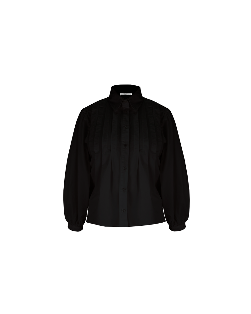 NAOMI SHIRT BLACK | A classic black shirt that is elevated by the front box pleats. This shirt also features a 'balloon' sleeve, that looks great layered under vests and tops.
