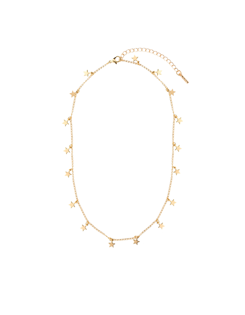 NIGHT SKY NECKLACE GOLD | Fine chain necklace with star pendant detailing and adjustable chain closure. This piece delicately frames the neck while the stars twinkle with every movement.