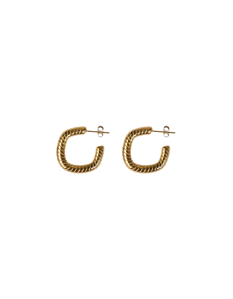 NORTH EARRING GOLD | Gold square hoops designed in a twisted rope style. These medium sized earrings are the perfect statement accessory.