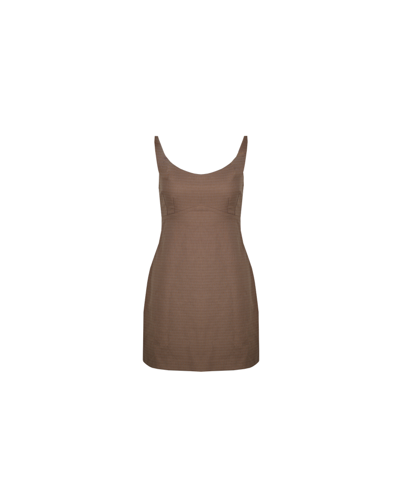 NORTH MINI DRESS BROWN CHECK | A vintage-inspired brown check mini dress with subtle shaping under the bust and a round neckline. Easily takes you from day to night, casual or dressed up. 