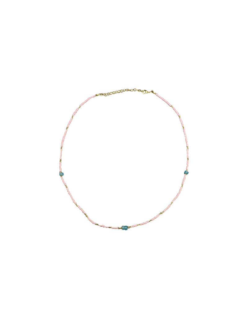 PACO NECKLACE PINK | Beaded style necklace designed with an assortment of natural stone beads and gold ball beads. This dainty piece will add a beachy feel to any outfit and is perfect for layering with multiple necklaces.