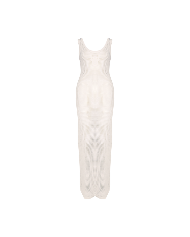 PAMELA CROCHET DRESS WHITE | Tank-style crochet maxi dress in a soft white cotton. Features ribbing around the round neckline and arms, finished off with a bold daisy at the centre front.