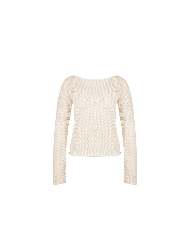 PAMELA CROCHET TOP WHITE | Crochet longsleeve top designed in a super soft white cotton. Features ribbing around the round neckline, finished off with a bold daisy at the centre front.