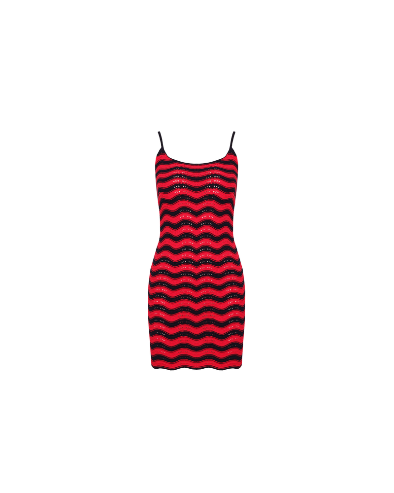 PARADISO MINI DRESS NAVY STRAWBERRY | Crochet mini dress designed in a navy and strawberry wavy stripe.  Features a scallop detail at the neckline and hem to compliment the wavy crochet pattern.