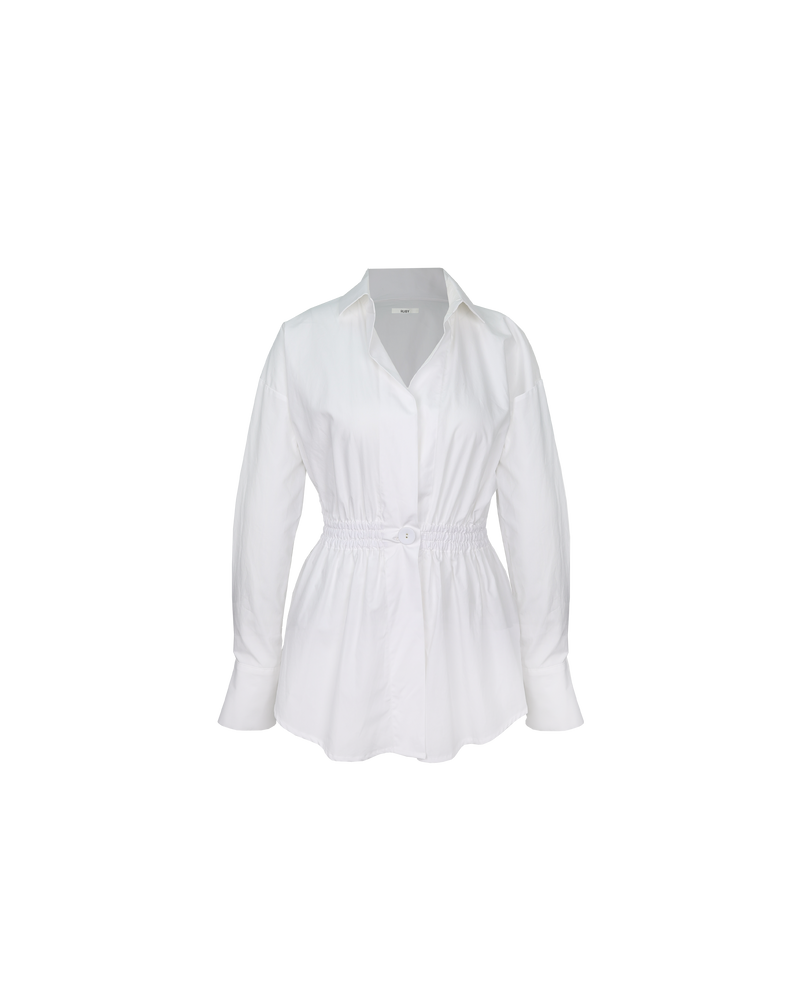 PARLOUR SHIRT WHITE | 
Cotton shirt with an elasticated waist to create gathers and shape. Has a feature single button clousure at the centre front and at each cuff.