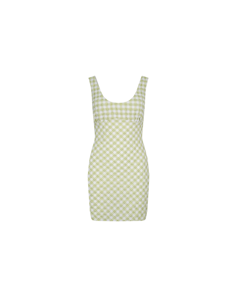 PRISM MINI DRESS LIME GINGHAM | Sleeveless mini dress with a round scooped neckline, designed in a seersucker textured. The zesty lime shade of this piece add to its playful vibe.