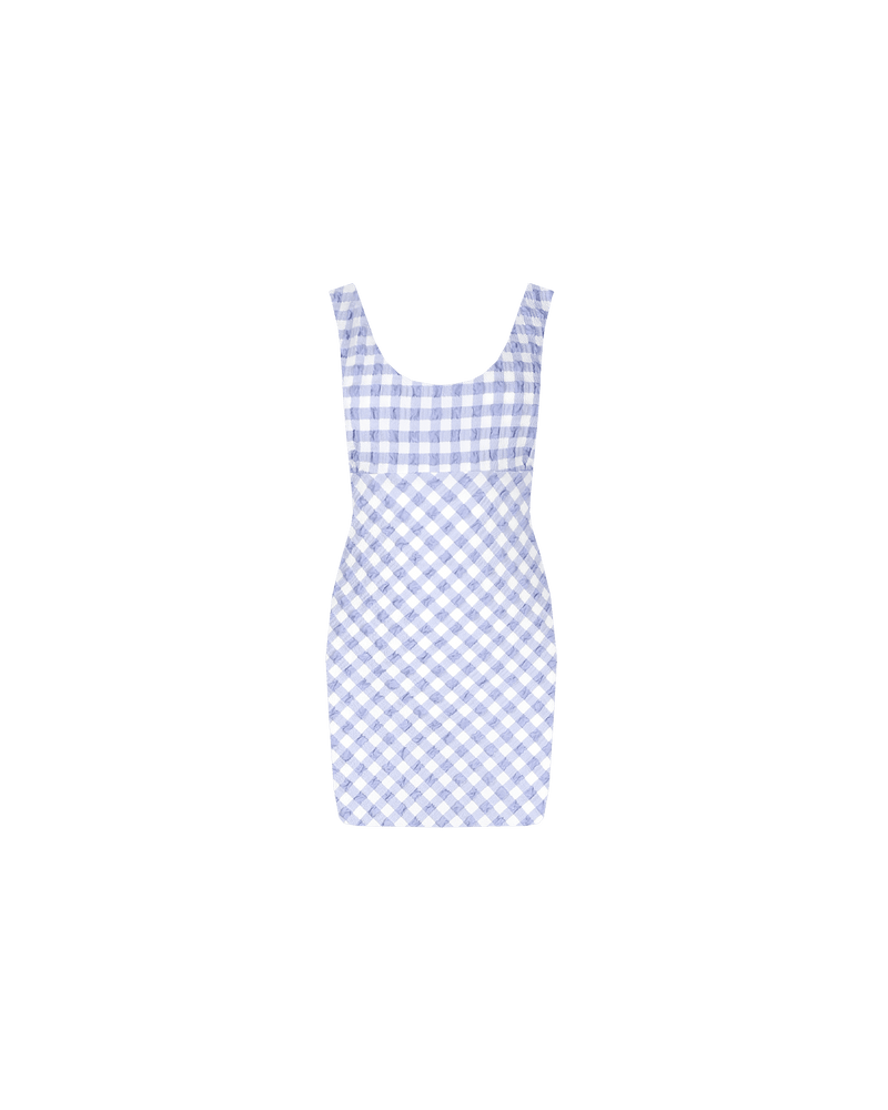 PRISM MINI DRESS PERIWINKLE GINGHAM | Sleeveless mini dress with a round scooped neckline, designed in a seersucker textured. The periwinkle shade of this piece add to its playful vibe.