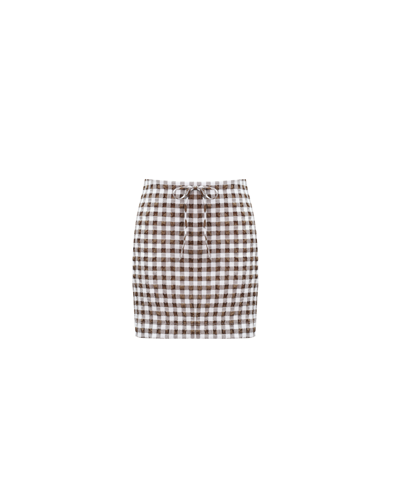 PRISM MINI SKIRT BROWN GINGHAM | Gingham mini skirt designed in a seersucker textured cotton. Featuring a decorative tie at the waist, this skirt is an elevated staple to style with tanks, shirts and tees alike.