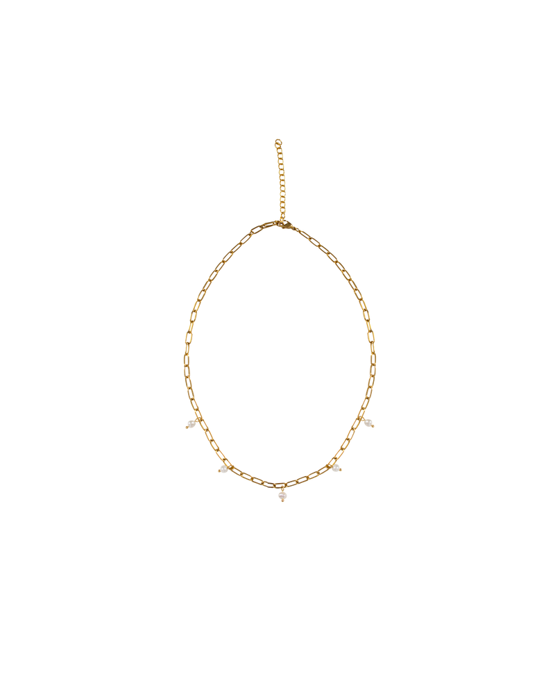 PEARL CHAIN CHOKER GOLD/PEARL | The Star Beaded Choker is a chain style necklace. It features pearl beads throughout the slim interlock chain.