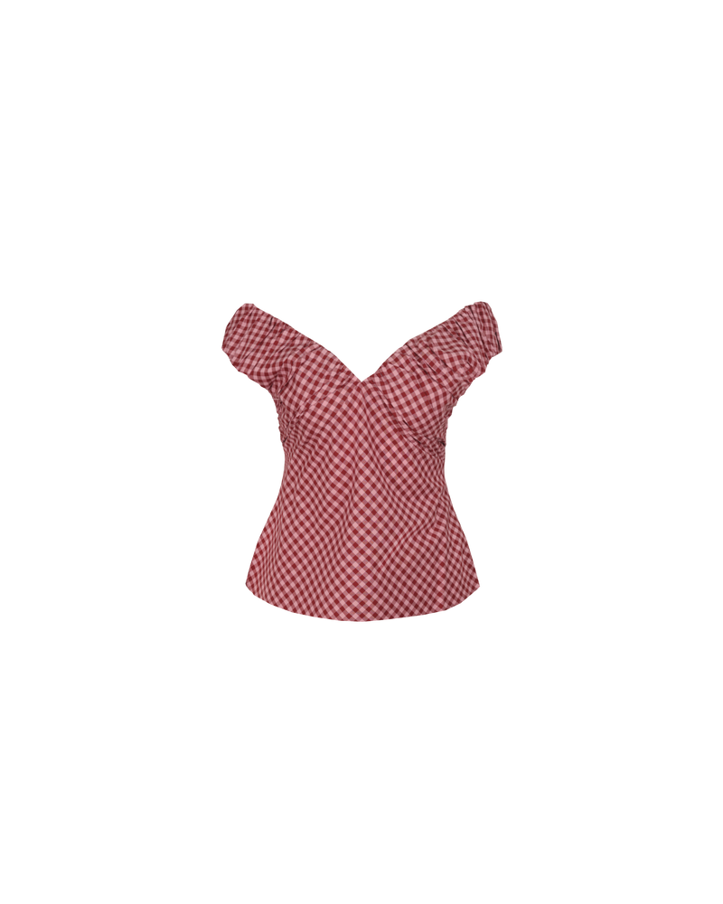 RAQUEL TOP PINK BURGUNDY GINGHAM | Crafted in a pink and burgundy gingham with ruched detailing at the bust, this top can be worn on or off the shoulder. The tailored fit is designed to sit...