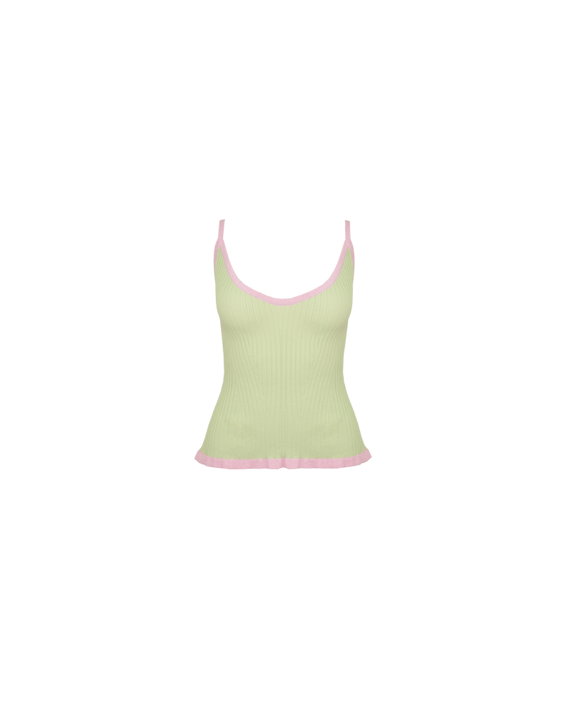 RINA TANK GREEN PINK MARLE | Ribbed knitted tank top designed in a contrasting green and pink colourway. This staple tank can be worn many ways by adjusting the straps, giving you 4 options in 1....