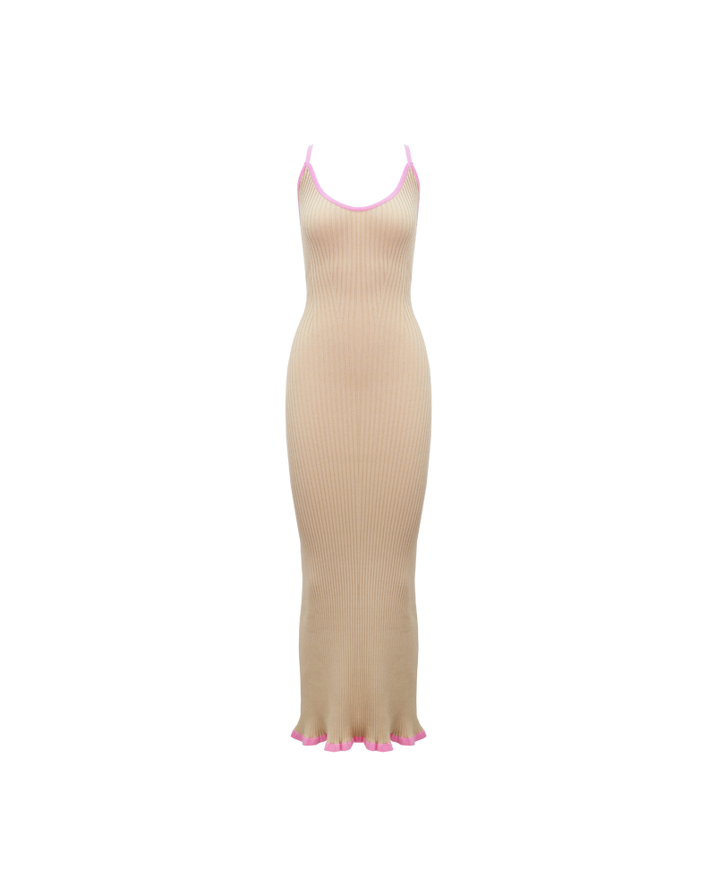 RINA DRESS STRAWBERRY BISCUIT | Ribbed knitted maxi dress designed in a two tone biscuit and strawberry colour way. This staple dress can be worn many ways by adjusting the straps, giving you 4 options in 1.