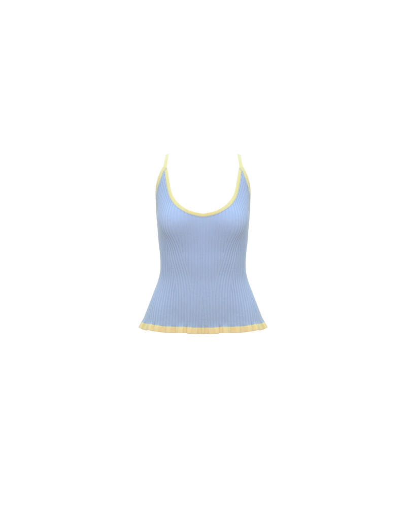 RINA TANK BLUE LEMON | Ribbed knitted tank top designed in a contrasting blue and lemon colour way. This staple tank can be worn many ways by adjusting the straps, giving you 4 options in 1.