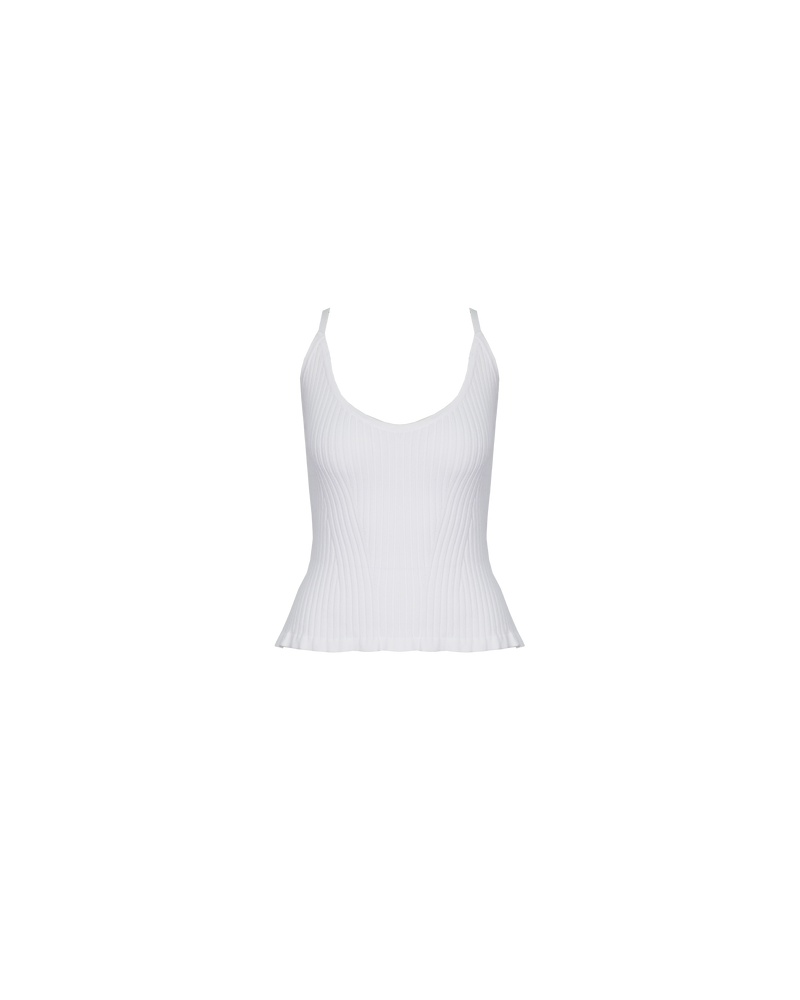 RINA TANK IVORY | Ribbed knitted tank top in an ivory colour. This top can be worn many ways by adjusting the straps, giving you 4 options in 1.