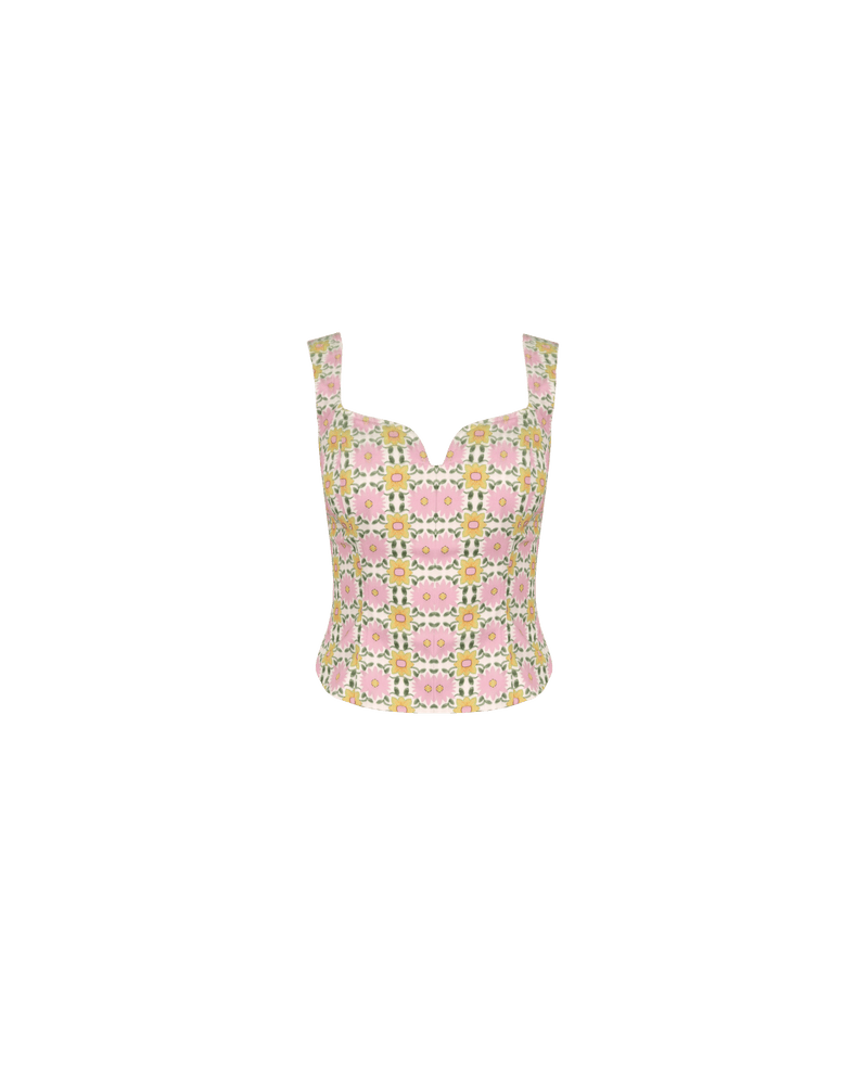 CECE BODICE MOSAIC | Sleeveless bodice-style top designed in a pink mosaic print, on a mid-weight cotton drill fabric. Features a sweetheart neckline and panelling down the body that gives this top a crisp...