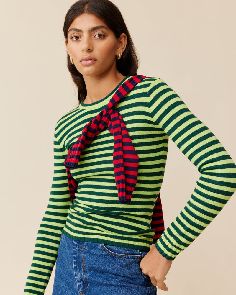 ESME LONG SLEEVE FOREST LIME STRIPE | Long sleeve forest and lime striped top, with a super soft hand feel in a mid-weight viscose blend knit. This piece will become an everyday staple.