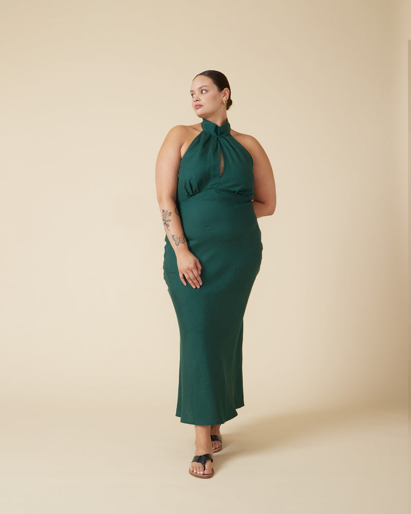 GIGI LINEN HALTER DRESS EMERALD | Bias cut linen halter slip with a keyhole detail at centre front. With a low open back that ties at the back neck, this dress is both elegant and fresh...