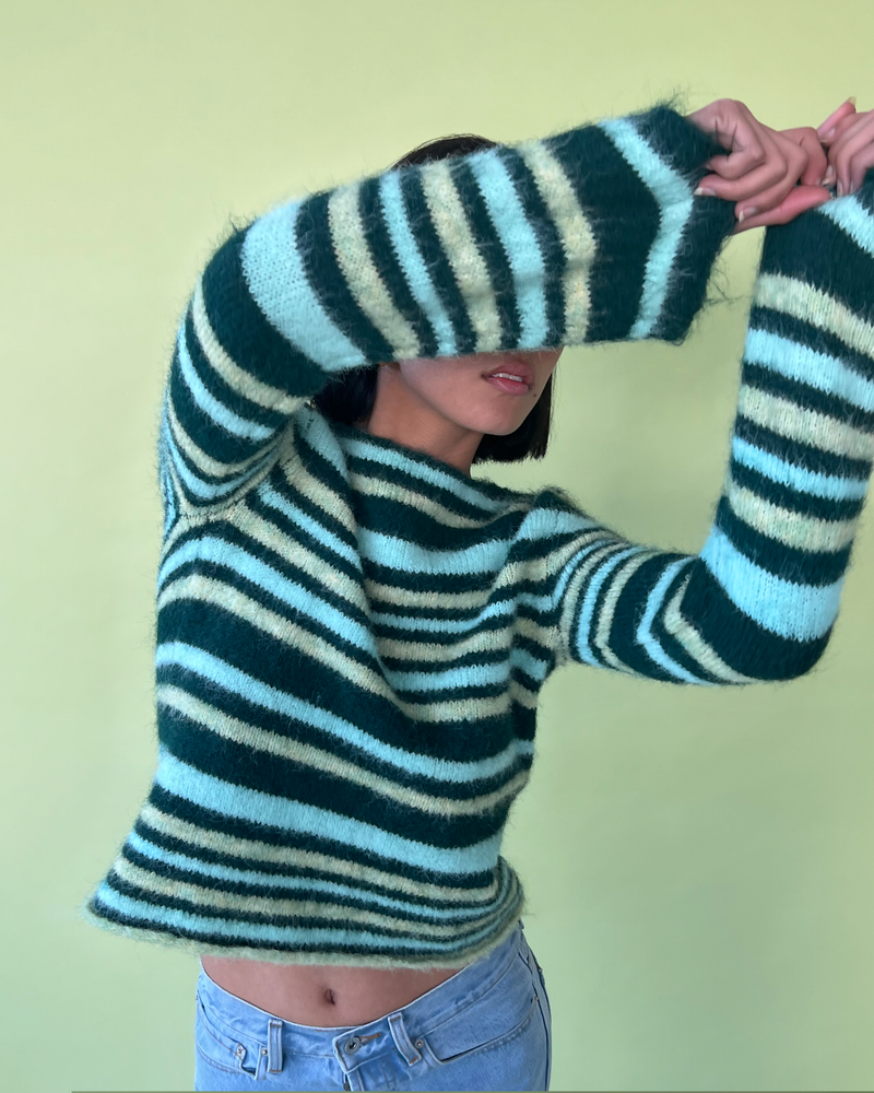 MILO SWEATER FOREST STRIPE | 90's inspired striped sweater knitted in a soft fluffy wool blend. Features flared sleeves and a mid-weight which make it great for layering as the weather cools.