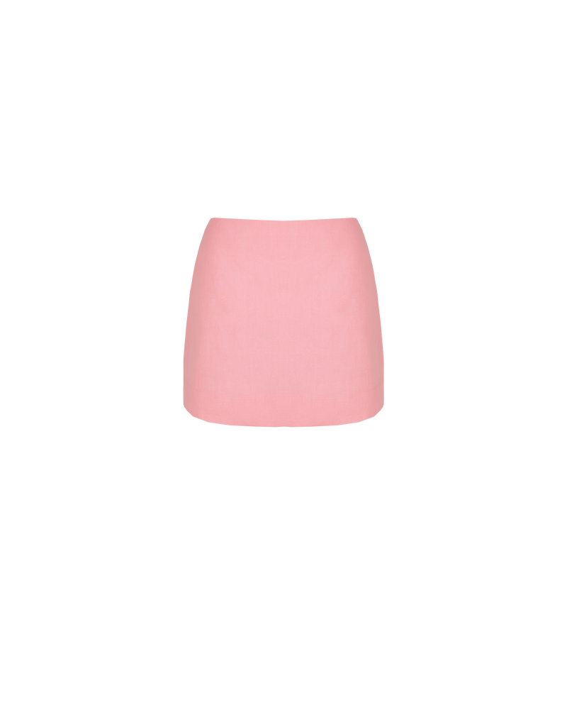 MORGAN LINEN MINI SKIRT  PINK | A-line shape mini skirt designed in a crisp pink mid-weight linen. This skirt is the perfect wardrobe staple with a tee or sweater.