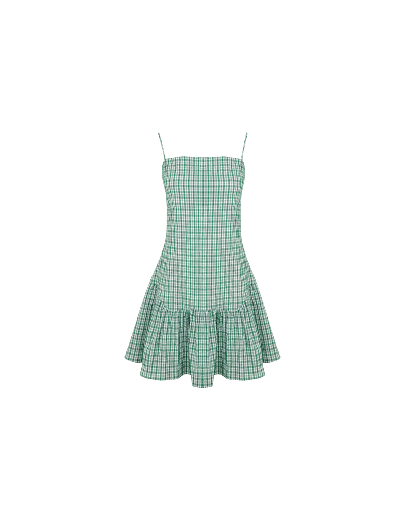 TRULLI MINI DRESS GREEN AQUA CHECK | Sleeveless mini dress that is fitted through the body, then falls to a floaty basque style mini skirt. This dress features a dropped bodice style waistline with a full skirt.