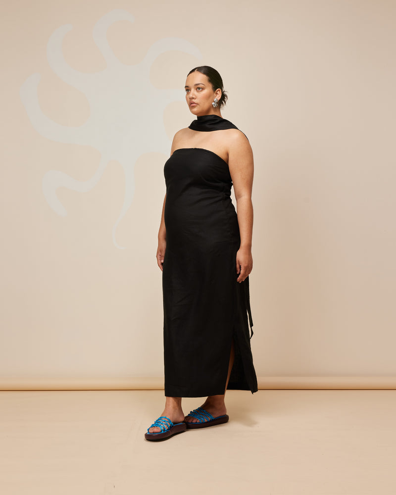 AVA LINEN SASH DRESS BLACK | Strapless linen dress with a black detachable sash, that has a fitted bodice and falls to an ankle length. Cut in a black linen, this dress can be easily dressed up...