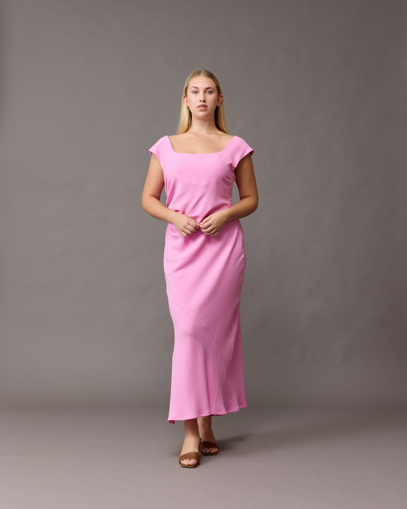 CAMERON DRESS PINK | Cap sleeve midi dress with ruched detailing at the waist, which creates shape throughout. Designed in our iconic Firebird fabric, this dress features a dropped back and a side split...