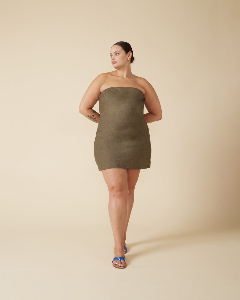 AVA LINEN MINI DRESS KHAKI | This mini dress has a fitted bodice that falls to an A-line shape that finishes at mid-thigh. Cut in a khaki linen, this dress can be easily dressed up or...