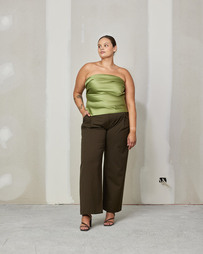 CHER SATIN BODICE OLIVE | Strapless bodice with tucks at the seams which creates a pleated detail down the front, crafted in an olive coloured satin that adds to the structure of the piece. This...