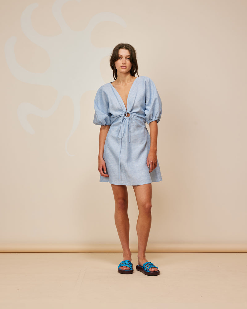 DONOVAN MINI DRESS BABY BLUE | A RUBY favourite re-imagined in shorter length. Donovan is a linen A-line mini dress with short batwing sleeves and keyhole opening with a tie detail at the centre neckline. The...